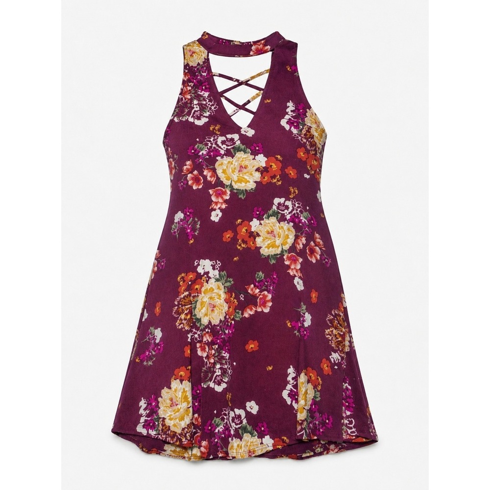 Floral Mock Neck Lattice Mini Dress S Purple Boho Summer Casual‎ Kentucky Derby